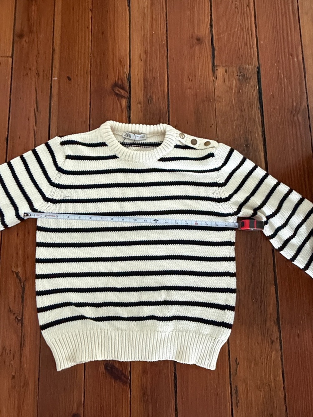 Zara Striped Cream and navy nautical preppy Crewneck Sweater w gold buttons - Picture 3 of 4